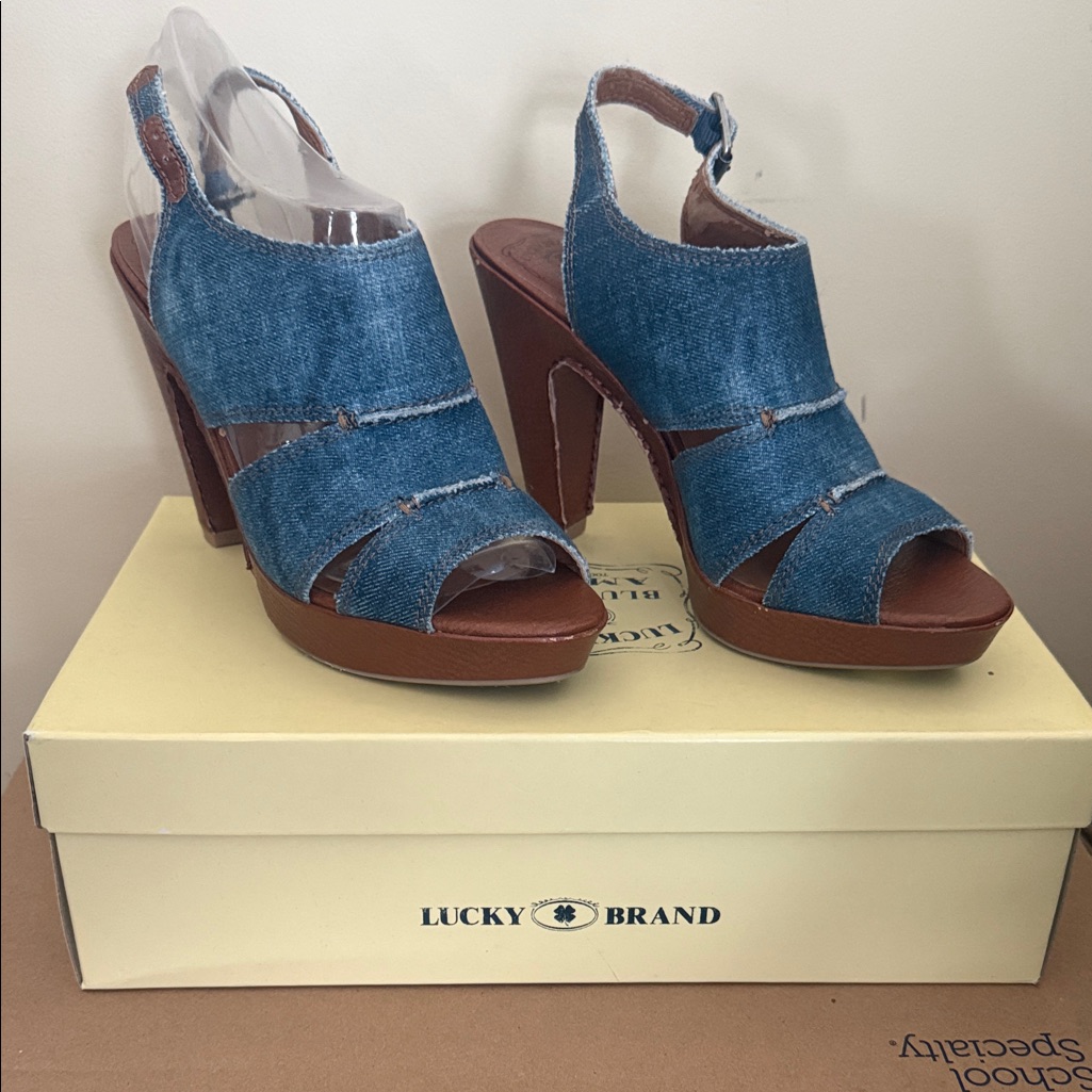 Lucky Brand Womens Denim And Brown Heeled Sandals Lucky Brand Womens Denim And Brown Heeled Sandals